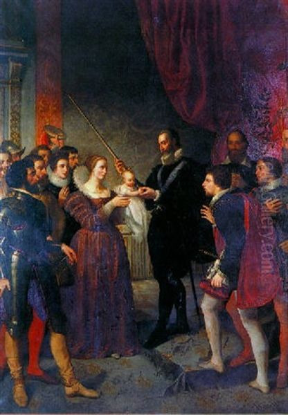 Henri Iv Remet Une Epee A Louis Xiii, Enfant, En Presence De Marie De Medicis Et La Cour Oil Painting by Louis Henri Hautier