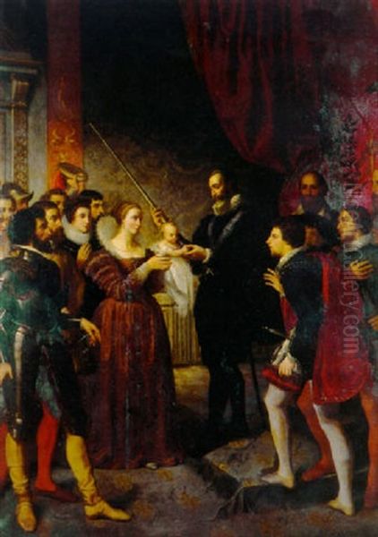 Henri Iv Remet Une Epee A Louis Xiii, Enfant, En Presence De Marie De Medicis Et La Cour Oil Painting by Louis Henri Hautier