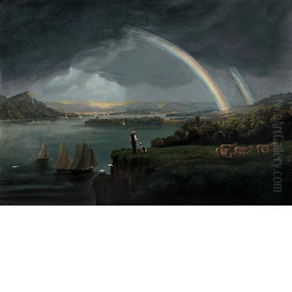 Rainbow Over The Hudson With High Tor And Croton Point In The Distance Oil Painting by Robert Havell Jr.