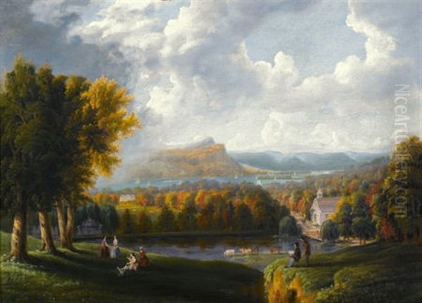 View Of The Hudson River From Tarrytown, Old Dutch Church, Beekman Manor House Oil Painting by Robert Havell Jr.