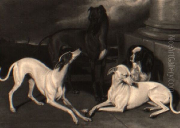 Three Whippets And A King Charles Spaniel In A Landscape Oil Painting by Edmund Havell the Younger