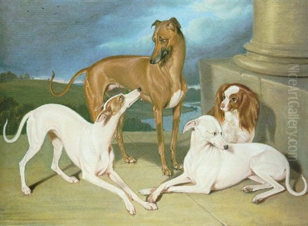 Whippets And A King Charles Spaniel On The Steps Of A Country House Oil Painting by Edmund Havell the Younger