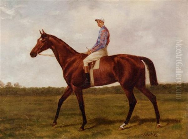 A Chestnut Racehorse With Jockey Up Oil Painting by Alfred Charles Havell