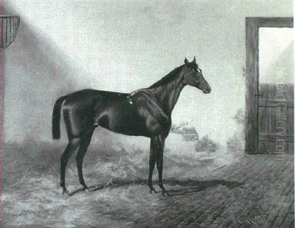 'ladas', A Dark Bay Racehorse With A Groom In A    Landscape [&] 'donovan', A Chestnut Racehorse In A Loose Box Oil Painting by Alfred Charles Havell