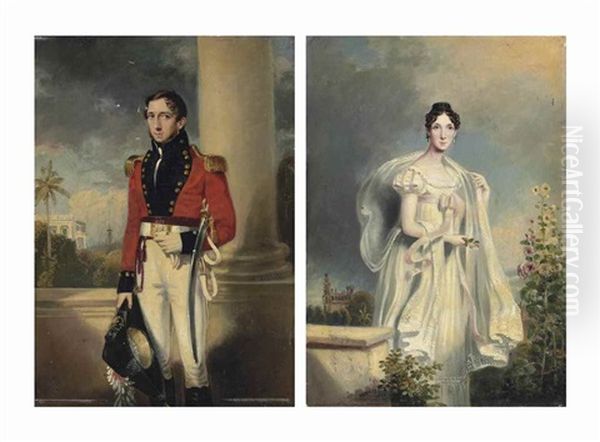 Portrait Of Mr Godolphin In The Uniform Of An Officer Of The Honourable East India Company, Standing Small Three-quarter Length, The Madras Waterfront Beyond; And Portrait Of Mrs Godolphin, Standing Small Three-quarter Length In A Garden With Hollyhocks,  Oil Painting by William Havell