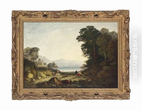 A Wooded Mountainous Landscape, With Shepherds And Their Flock By A Lake by William Havell