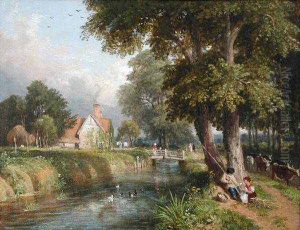 Children Fishing On A Riverbank, A Cottage Beyond, With Villagers On A Bridge, And Cattle Passing By Oil Painting by William Havell