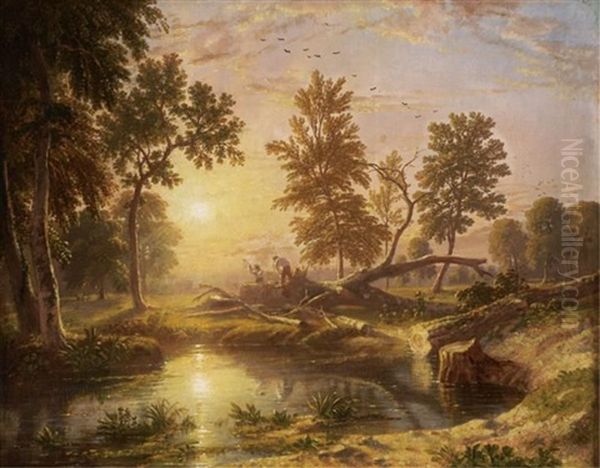 Sunset Landscape With Figures Tending To A Fallen Tree Oil Painting by William Havell