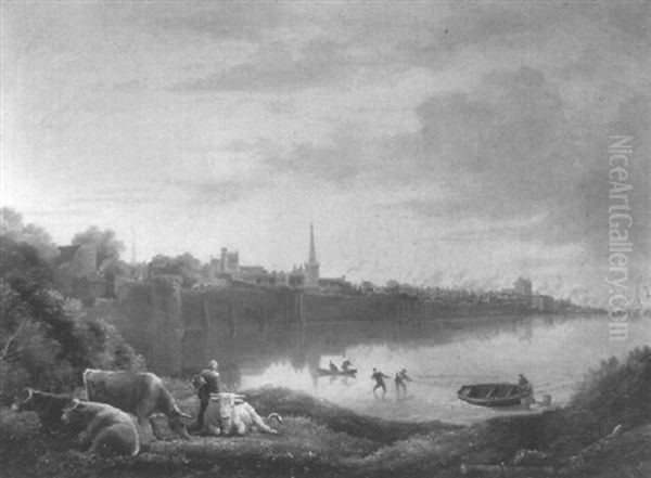 Figure And Cattle On A River Bank Oil Painting by William Havell