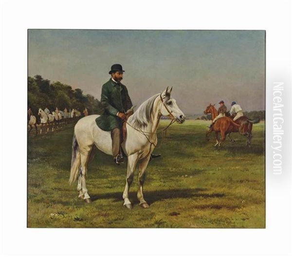 The Limekilns, Newmarket: Captain J.o. Machell On A White Horse With The Jockeys E. Martin And F. Archer Exercising Their Horses Oil Painting by William H. Hopkins and Edmund Havell