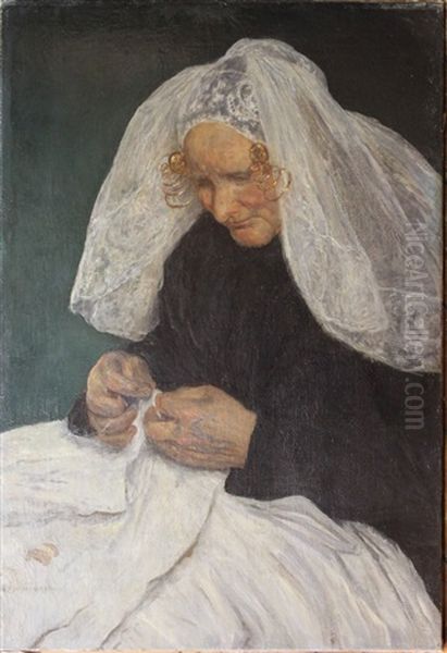 Handwerkende Vrouw In Klederdracht by Hendrik Johannes Haverman