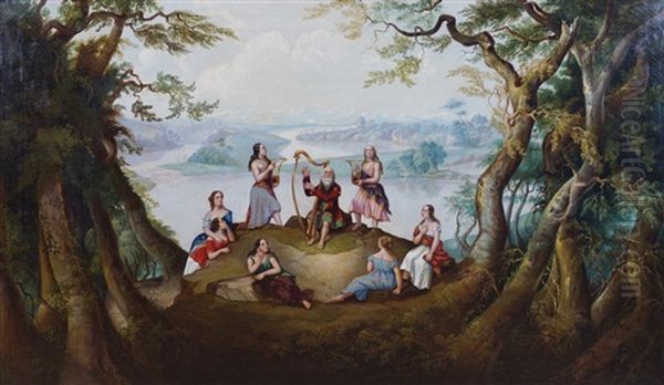 Harpist And Maidens In A Lakeland Landscape Oil Painting by Joseph Patrick Haverty