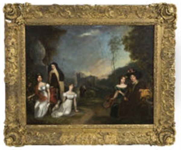 A Conversation Piece Of The Women Of A Pious Family, In A Wooded Landscape With Ecclesiastical Ruins In The Background Oil Painting by Joseph Patrick Haverty