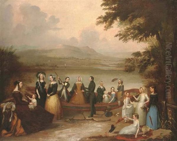 Group Portrait Of A Family (the Reilly Family, Of Scarvagh?) Stepping Ashore From A Boat On A Lough, With Mountains Beyond Oil Painting by Joseph Patrick Haverty