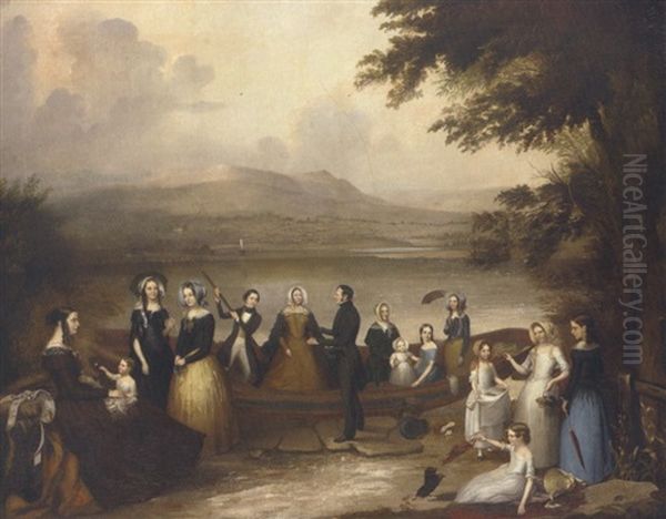 Group Portrait Of A Family (reilly Family Of Scarvagh?) Stepping Ashore From A Boat On A Lough, With Mountains Beyond Oil Painting by Joseph Patrick Haverty