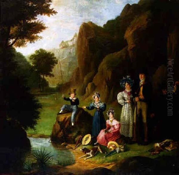 Portrait Of A Family In A River Landscape With A Young Boy Fishing And Other Members With Instruments Of The Hunt Oil Painting by Joseph Patrick Haverty