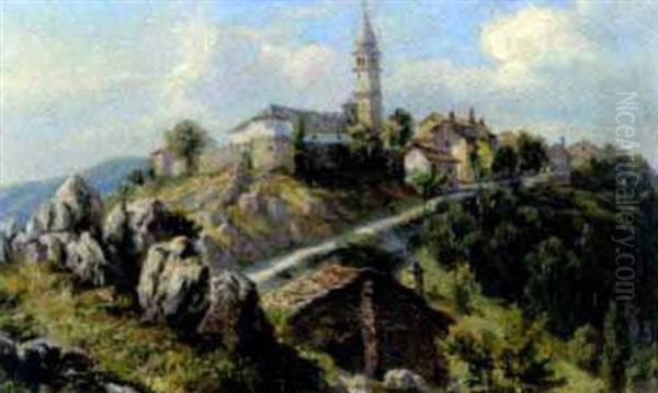 Das Dorf Canzano Am Karsten Bei Triest Oil Painting by Jan Trentan Havlicek