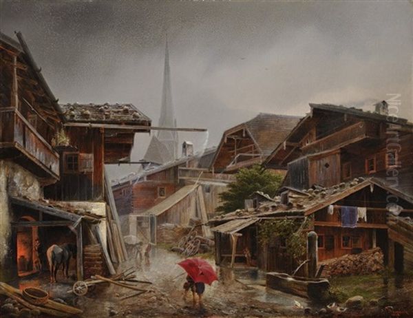 An Alpine Village In The Rain, At The Blacksmith Oil Painting by Bedrich Havranek