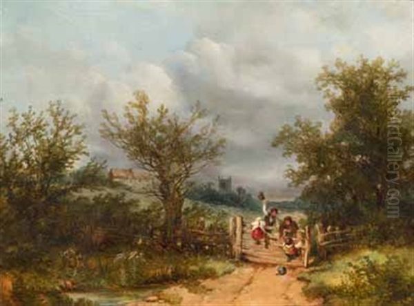 Kinder Klettern Uber Einen Zaun In Ein Grundstuck Oil Painting by William Thomas Hawkesworth