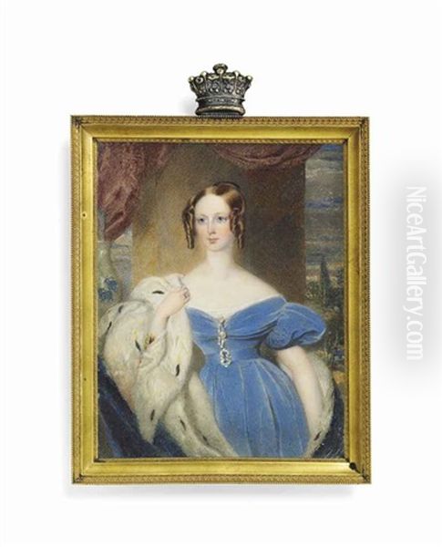 Emily Mary, Countess Of Craven, Nee Grimston (d. 1901), In An Off-the-shoulders Blue Dress With Pearl Pins At Corsage Oil Painting by Henry A. Hawkins