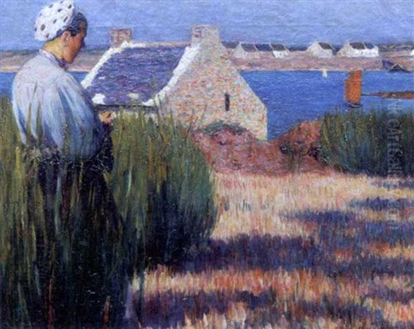 Bretonne A La Couture Devant La Voile Rouge Oil Painting by Louis Welden Hawkins