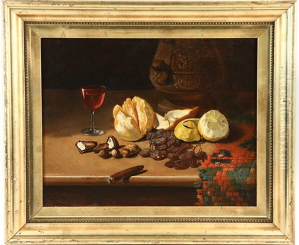 Still Life Of Fruit, Nuts, Wine And Flowers With A Cigar On The Table Edge Oil Painting by E.D. Hawthorn