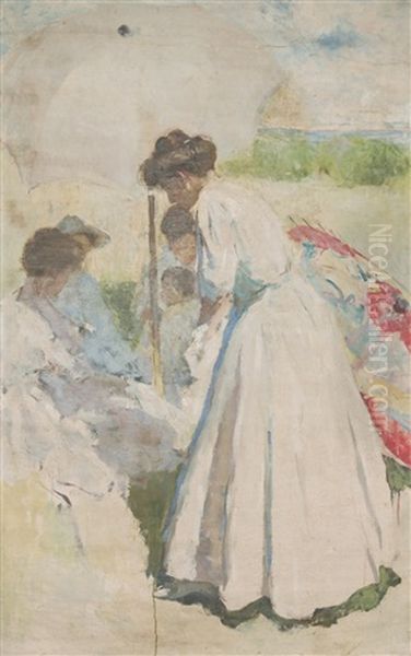 Women And Figures Under White Umbrella, Man Carrying Two Cheeses (double Sided) Oil Painting by Charles Webster Hawthorne