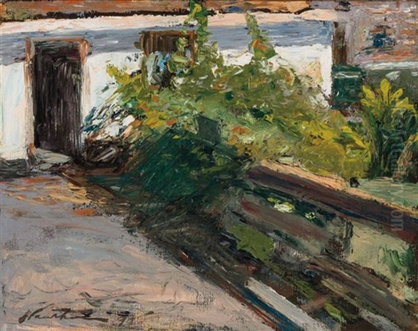 Building Exterior With Fence And Greenery by Charles Webster Hawthorne