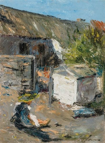 Seated Outdoor Figure Beside Structures Oil Painting by Charles Webster Hawthorne