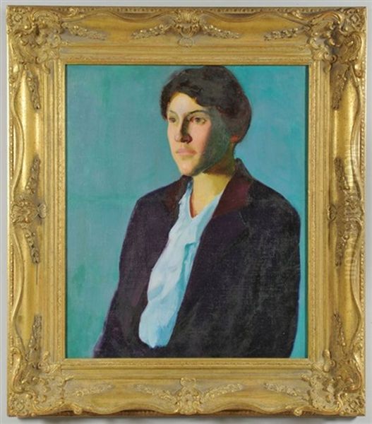 Half-length Portrait Of A Woman With Dark Hair Wearing A Ruffled Light Blue Shirt And Dark Jacket With Reddish Collar Oil Painting by Charles Webster Hawthorne