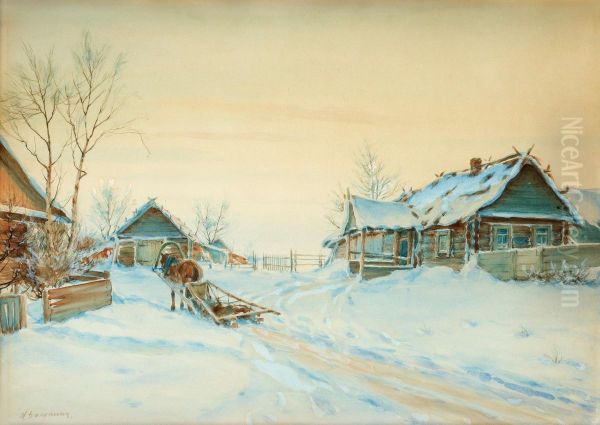 Village At Winter Oil Painting by Mikhail Abramovich Balunin