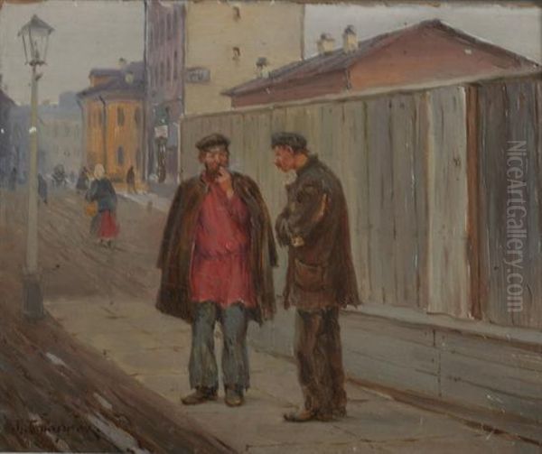 Men In Conversation, Arbat District,moscow Oil Painting by Mikhail Abramovich Balunin