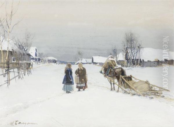 Village In Winter Oil Painting by Mikhail Abramovich Balunin