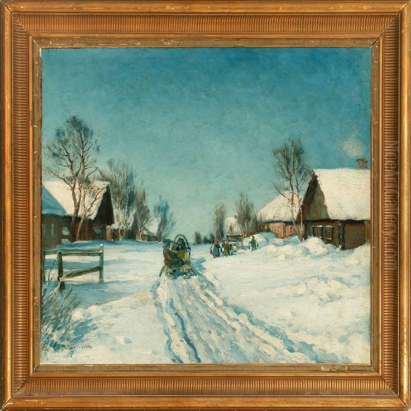 Winter In A Russian Village Oil Painting by Mikhail Abramovich Balunin