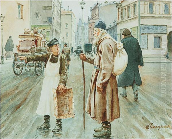 Stranger In Town Oil Painting by Mikhail Abramovich Balunin