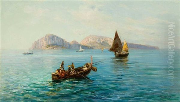 Meisterliche Schilderung Der Ansicht Von Capri Mit Fischern Und Segelbooten Im Vordergrund Oil Painting by Bernardo Hay