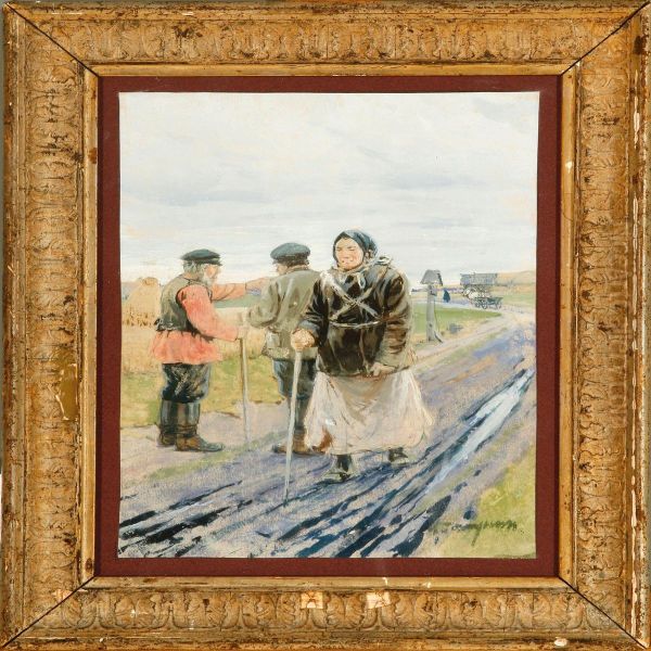 Femalepilgrim On A Russian Countryside Road Oil Painting by Mikhail Abramovich Balunin