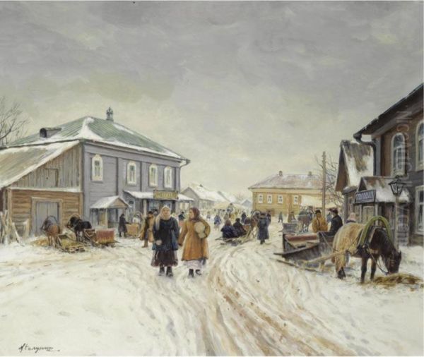 Village In Winter Oil Painting by Mikhail Abramovich Balunin