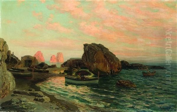 Capri, Pescatori E Barche Presso L'antico Porticciolo Con I Faraglioni Sullo Sfondo Oil Painting by Bernardo Hay