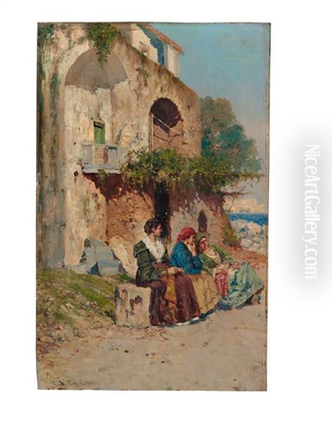 Drei Junge Frauen Vor Malerischem Haus Auf Capri, Seitlich Blick Auf Das Meer Oil Painting by Bernardo Hay