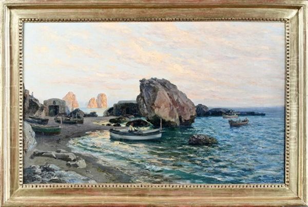 Felsiger Fischerstrand Auf Capri Mit Anlandenden Ruderbooten Oil Painting by Bernardo Hay