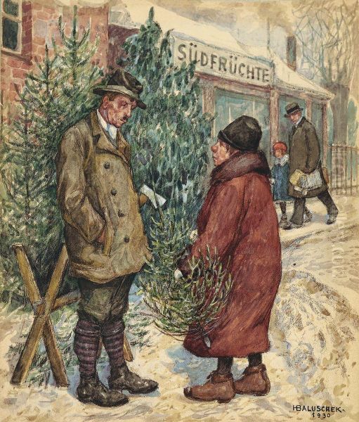 Beim Weihnachtsbaumverkauf Oil Painting by Hans Baluschek