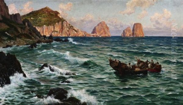 Fischerboote Vor Der Sudkuste Von Capri Mit Den Faraglionifelsen Oil Painting by Bernardo Hay