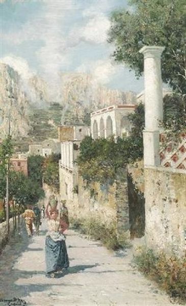 Partie Auf Capri. Blick Auf Einen Bergweg, Von Einem Gebirgszug Hinterfangen Oil Painting by Bernardo Hay