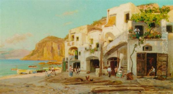 Houses By The Beach, Capri Oil Painting by Bernardo Hay