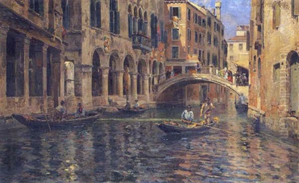 Gondoliers On A Venetian Canal Oil Painting by Bernardo Hay