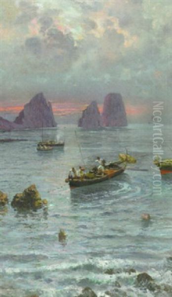 Capri-fischer Vor Den Faraglioni-felsen Oil Painting by Bernardo Hay