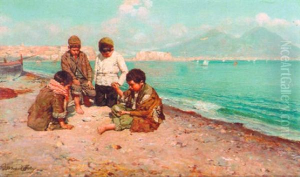 Fisherboys Playing Cards Along The Coast With The Bay Of Naples Beyond Oil Painting by Bernardo Hay