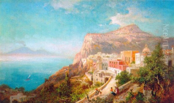 Figures On A Coastal Path With Capri Beyond Oil Painting by Bernardo Hay