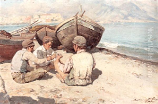 A View Of The Bay Of Capri With Fishing Smacks And Boys Playing Cards On The Beach In The Foreground Oil Painting by Bernardo Hay